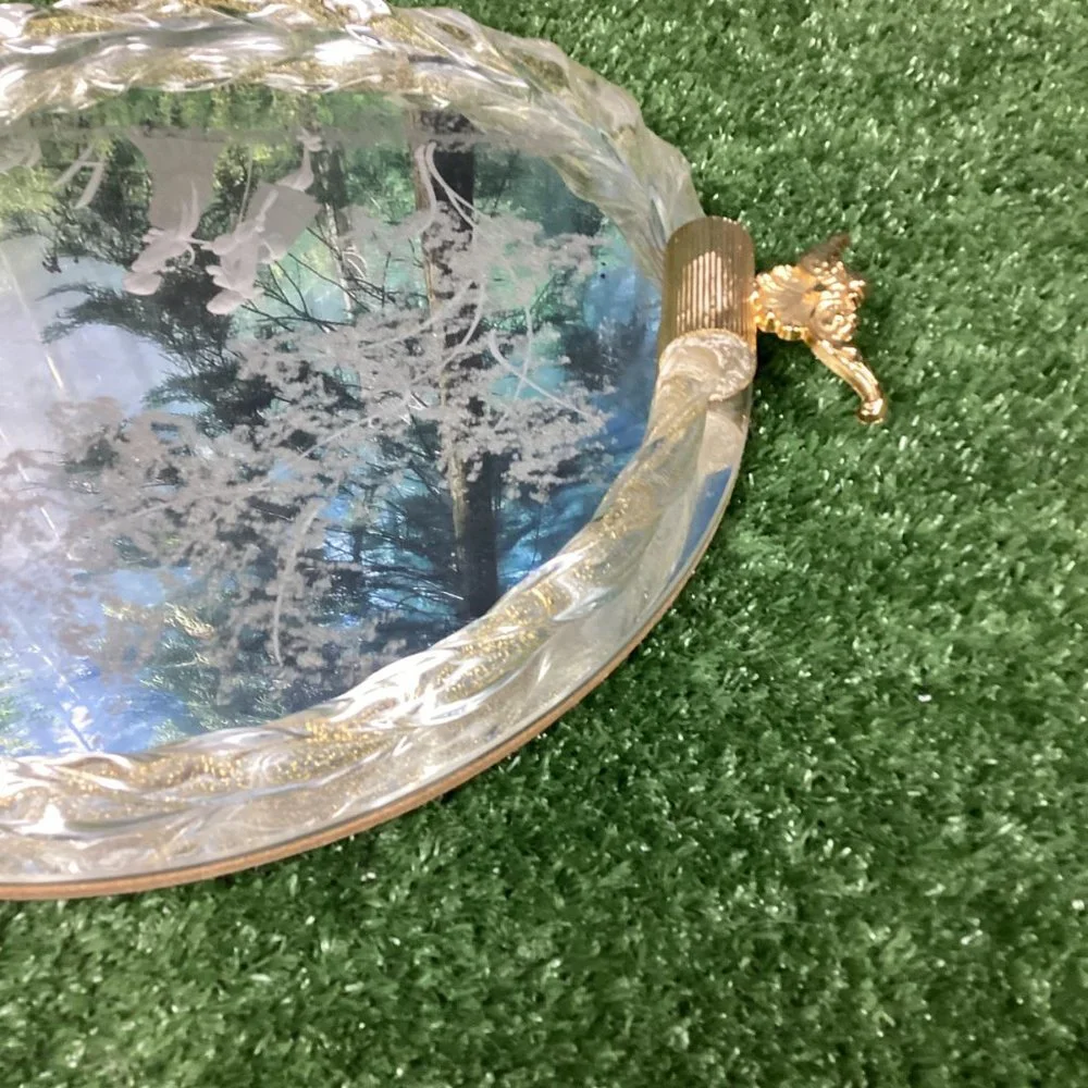 Vintage Murano Glass Serving Tray Etched Mirror 24kt Gold Flecks